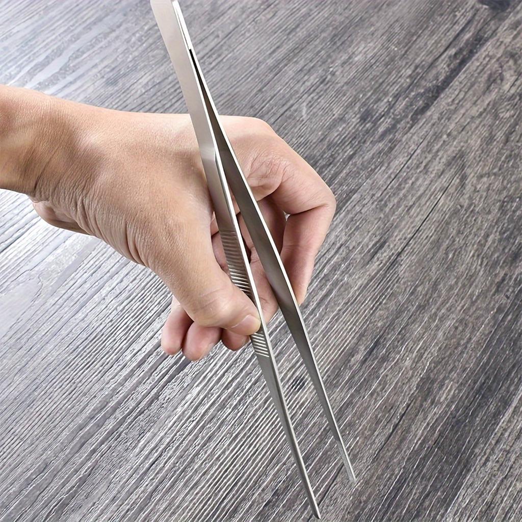 1 Stück Multifunktionale Edelstahlpinzette, Gerade & Gebogene Spitzen, Rutschfester Griff, Extra Lange Robuste Lebensmittelklammern für Kochen im Freien, BBQ