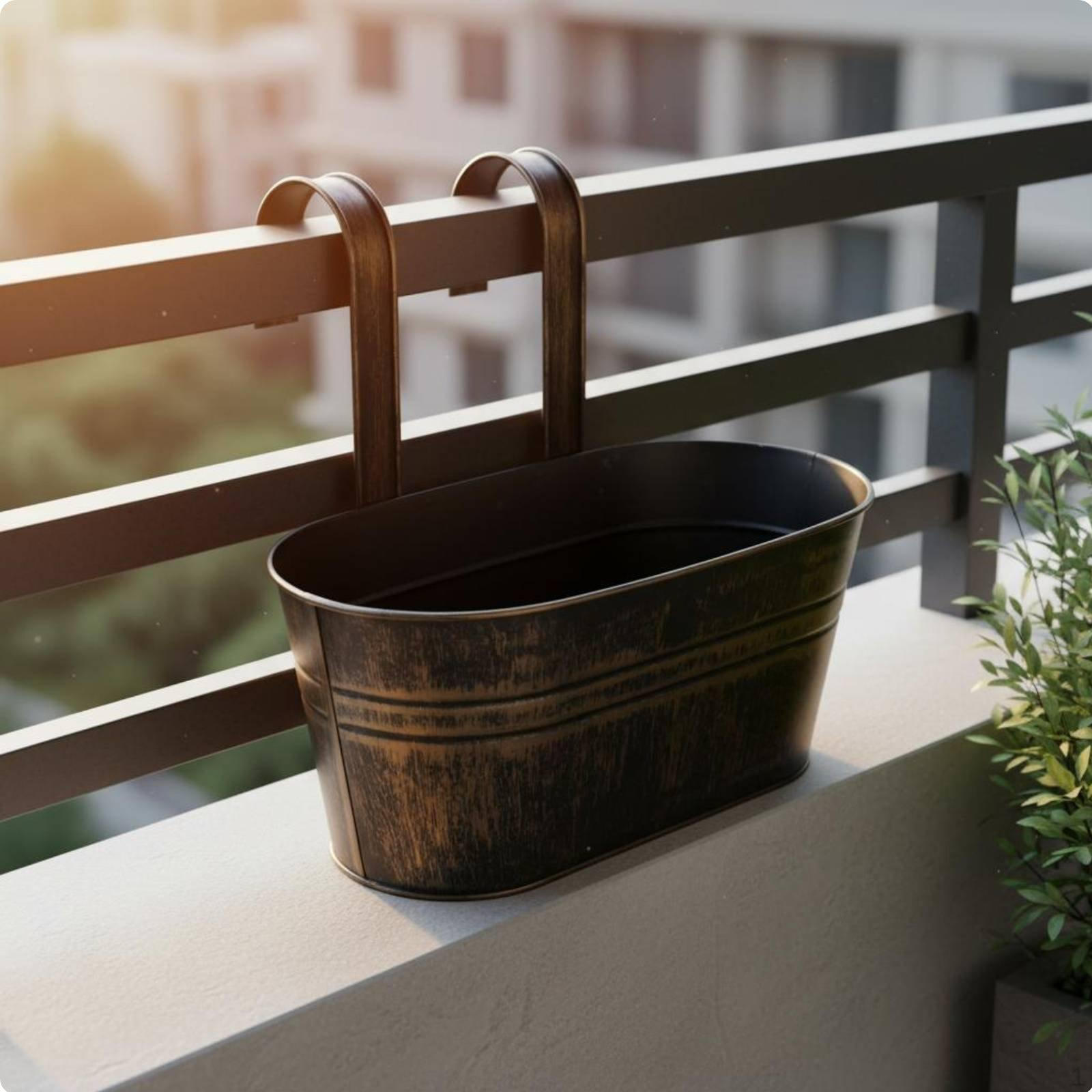 Oval Metal Hanging Planter MultiFunctional Balcony Railing Flower Pot Indoor & Outdoor Use