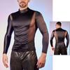 Men Sexy Mesh T-Shirt Oil Glossy Shiny Top Patchwork Tight-Fit Top Breathable Long Sleeve