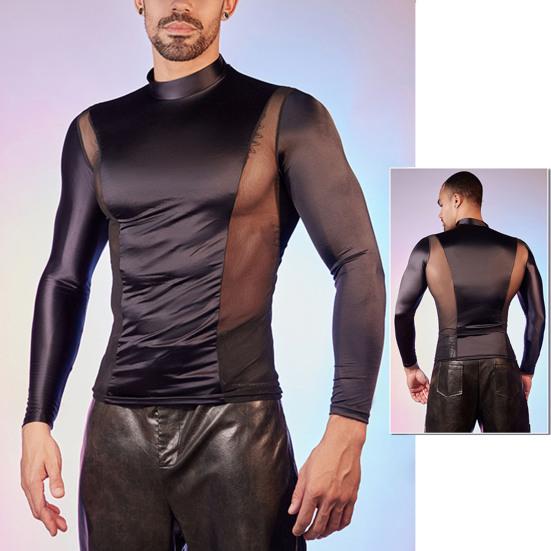 Men Sexy Mesh T-Shirt Oil Glossy Shiny Top Patchwork Tight-Fit Top Breathable Long Sleeve