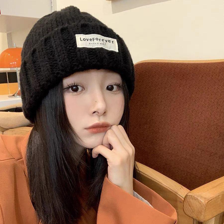 Korean Style Brand Letter Patch Wool Hat for Women Autumn and Winter Japanese Versatile Warm Knitted Hat Couple Student Pullover Hat