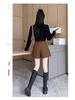 Women's High-Waist Corduroy Pleated Shorts, Coffee Color, Slimming Wide-Leg, Autumn/Winter 2025, Petite Fit.