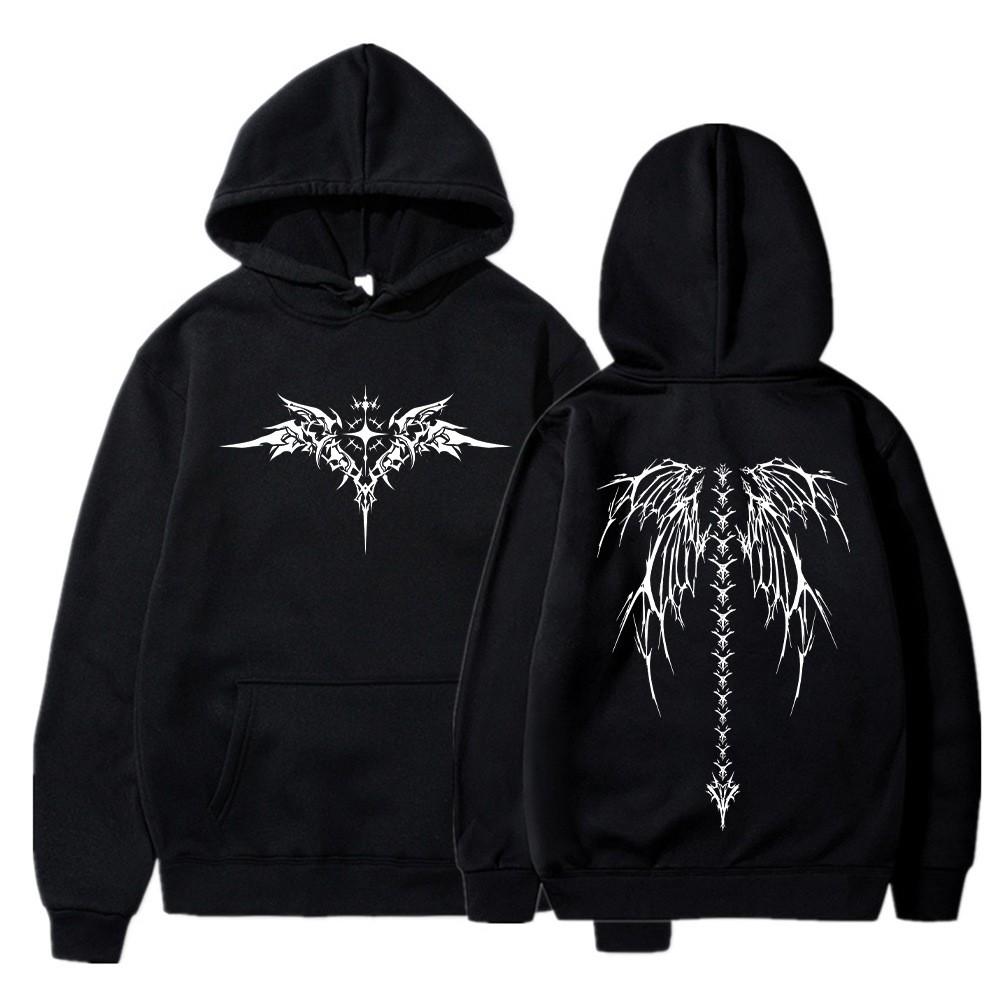 Cool Y2k wing front and back printed hoodie for men and women with long sleeves and plush, fashionable street style hoodie