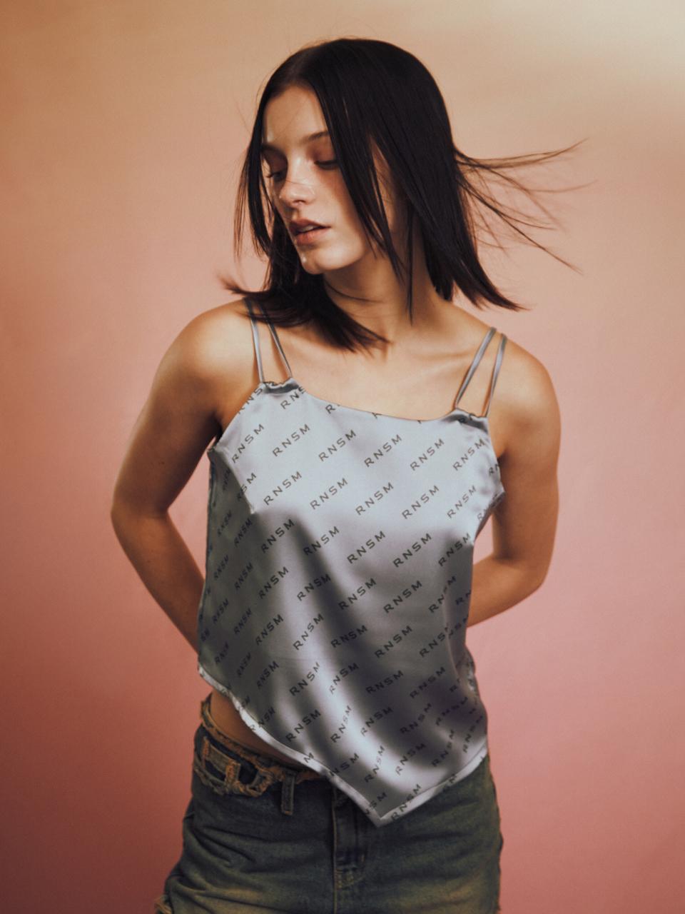 Renezmia Logo Print Satin Top _ Blue