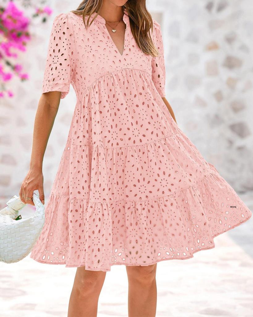 Abito da Spiaggia da Donna con Scollo a V in Pizzo - Manica Corta Gonna a Svasatura per Vacanze