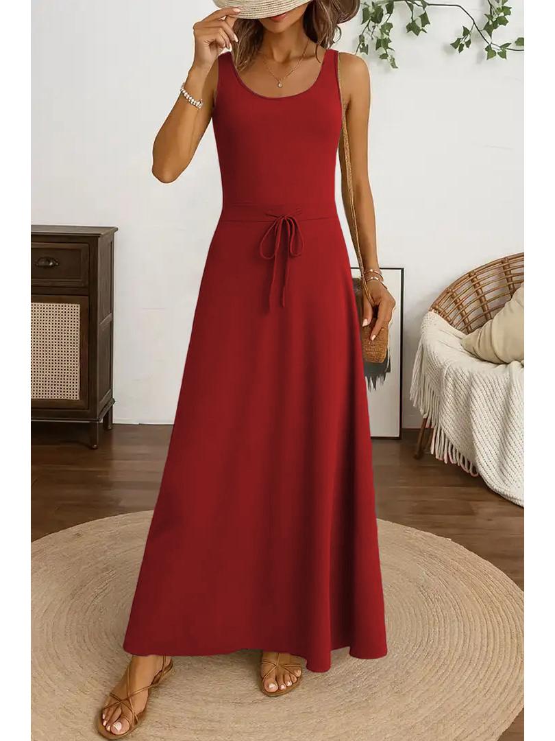 

Женское летнее однотонное платье-майка на бретельках с карманом и кулиской S красный