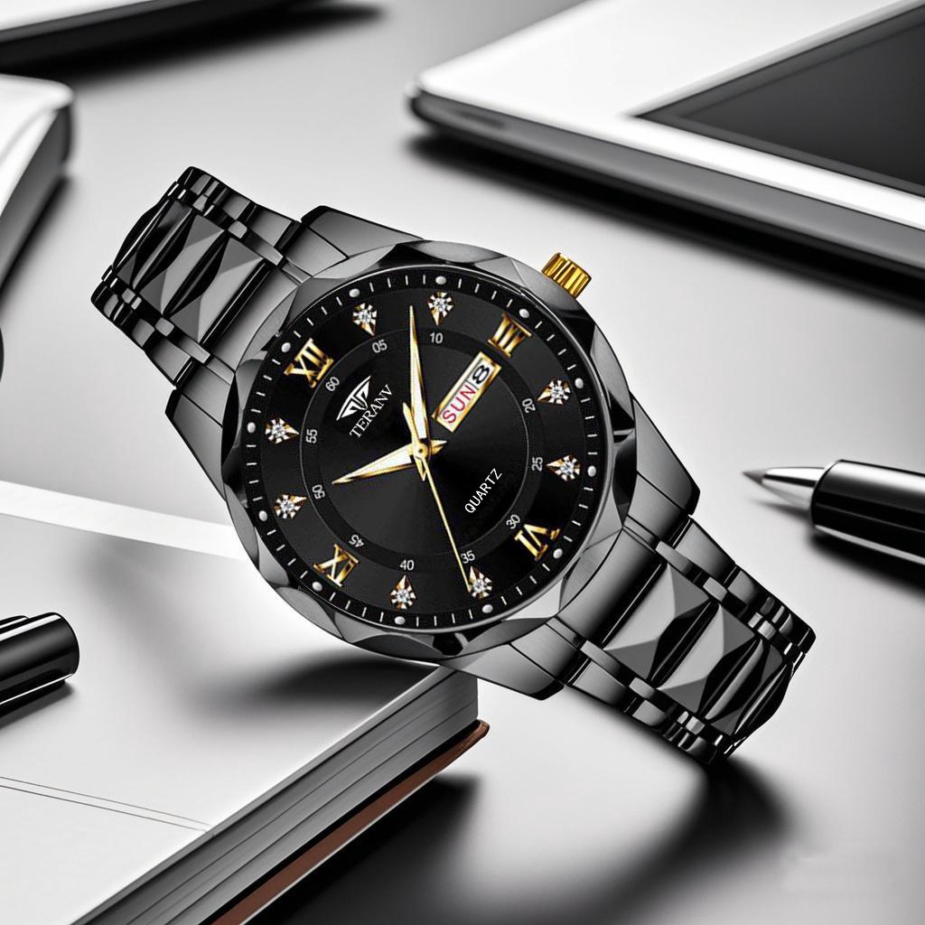 Men's Luminous Waterproof Quartz Watch with English-Chinese Calendar and Rhombus Case