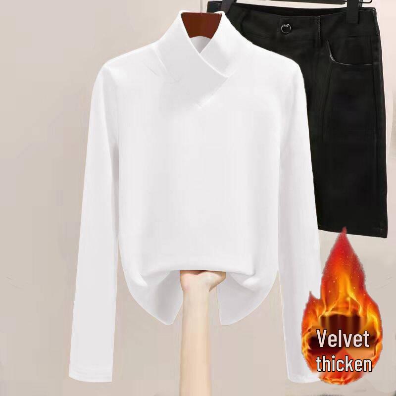 Women's Plush Thermal Slimming Top - Half-High Collar, Velvet-Lined, Versatile T-Shirt for Autumn Winter.