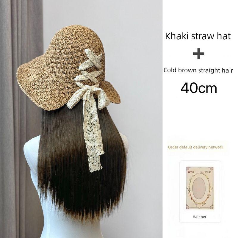 

Wig Hat Integrated Detachable Spring and Summer Sun Protection Sun Shade Straw Hat Holiday Big Brim Bows Artificial Hair Straw hat [Cold Brown] straight hair