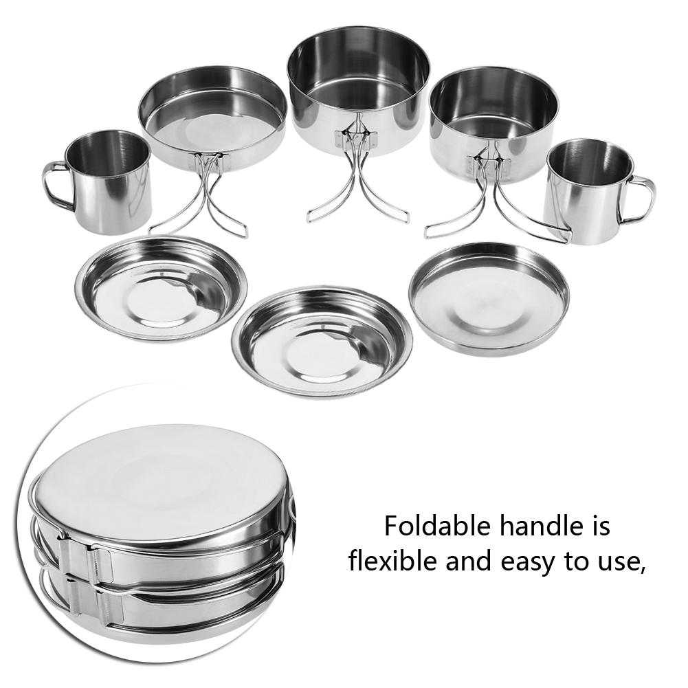 Set 8 Piese Portabil Inox Vase Oală Tigaie Farfurie Cană Set pentru Camping în Aer Liber Picnic