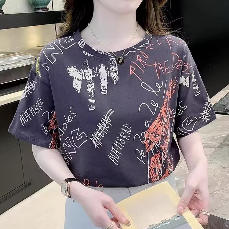 2025 Letní ležérní tričko pro ženy Základní top s květinovým potiskem Krátký rukáv Kulatý výstřih Volné tričko y2k Vintage top Harajuku Streetwear
