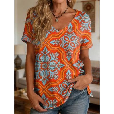 Damen Klassisches Stilvolles V-Ausschnitt Kurzarm T-Shirt Geometrischer Grafikdruck Lässige Normale Oberteile Tägliche Ausgehkleidung für den Sommer