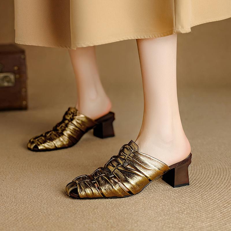 Fashion 2025 Summer New Genuine Leather Retro Semi-drag Mueller Slippers Woman Women's High Heel Square Toe Casual Shoes Women Slippers