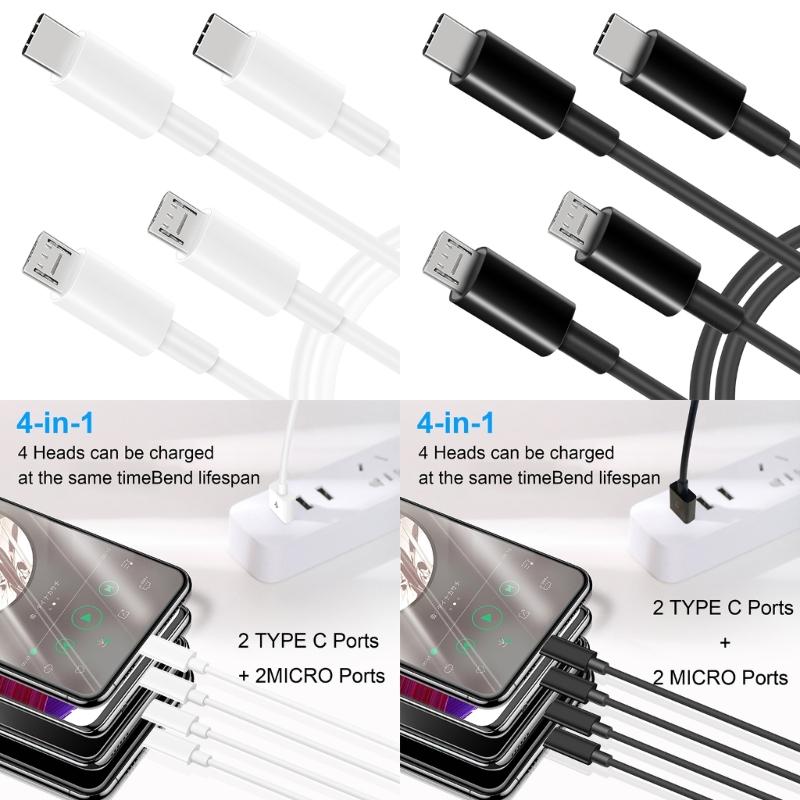 50cm 4-in-1 Charging Solution - USB to Double Type-C and Dual-micro USB Charging Cable Cord for Cell Phones Powerbanks