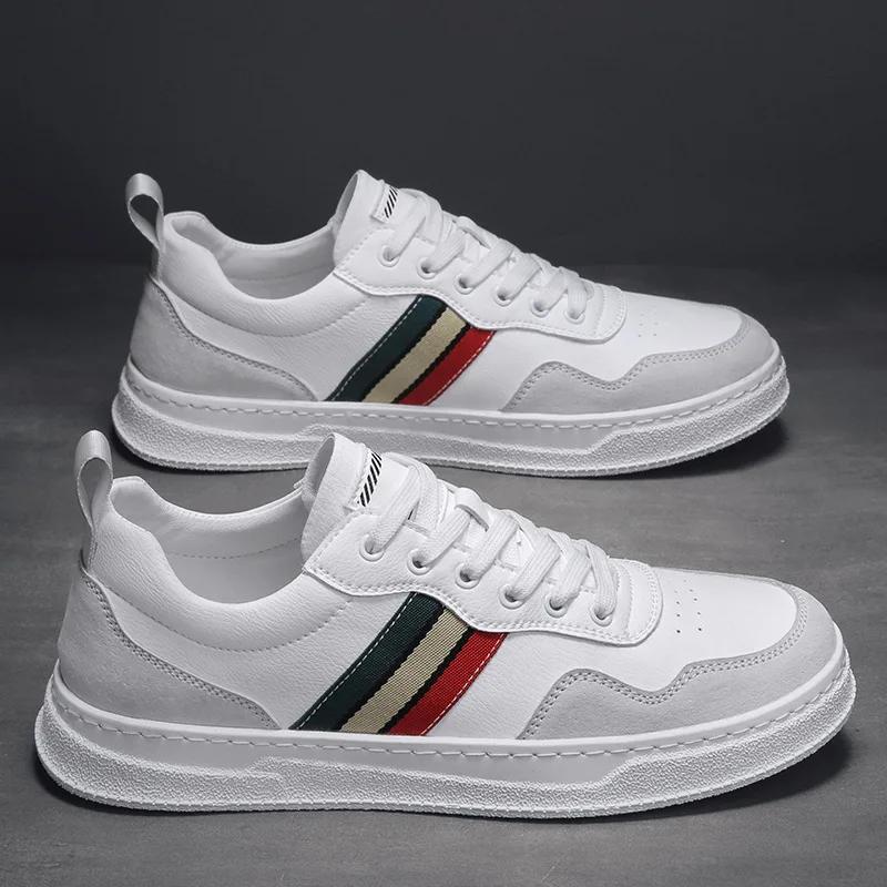 Brand New Men Genuine Leather Casual Shoes Spring Autumn High End Striped Flat Skate Shoes Young Man Cool Lace-up Sneakers