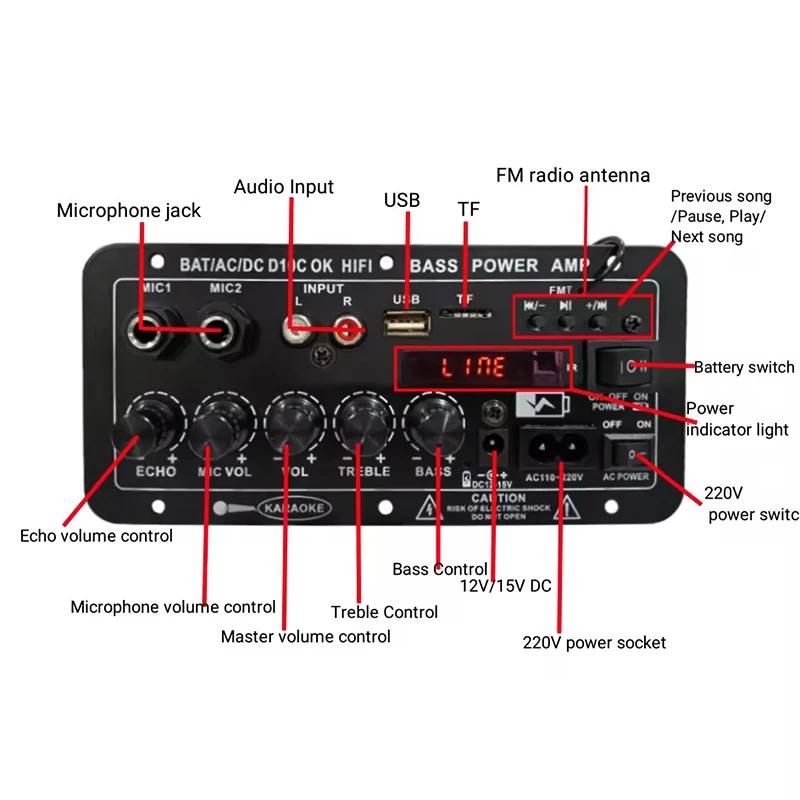 D10C 12V Bluetooth 5.0 Digitaler Audioverstärkerplatine AC 110V 220V Dual-Mikrofon Karaoke-Lautsprecher Subwoofer Heimkino-Verstärkerplatine