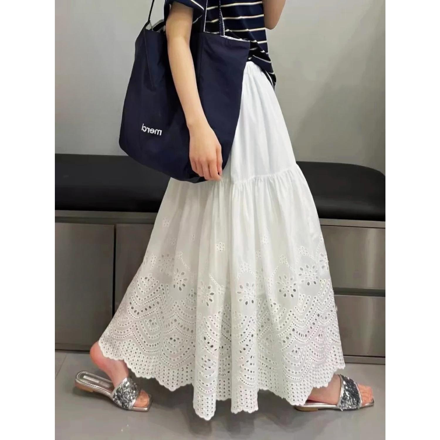 Women s A Line Midi Skirts Loose Fit Hollow Out Lace Crochet Elastic Waist Skirt One size fits all