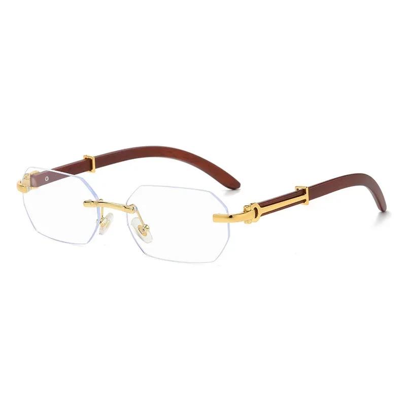 Vintage Rimless Rectangle Sunglasses Irregular Small Square Wood Frame Shades Gold Polygonal UV400 Protection Unisex Eyewear