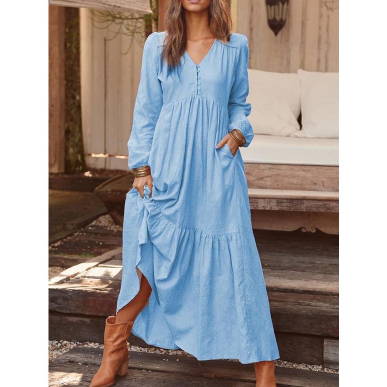 Women s Round Neck Long Sleeve Loose Fit Maxi Dress Casual Solid Color Cotton Linen A-Line S