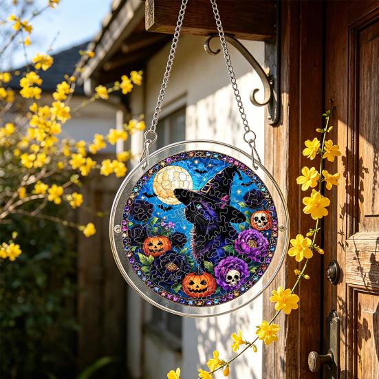 Yangyizhi Acrylic Jigsaw Puzzle Suncatcher, Stained Glass Style Halloween Skeleton Ghost Sun Catcher for Gothic Window Wall Hanging Decor