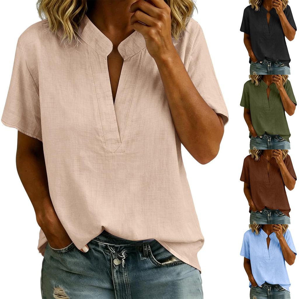 Women's V Neck Short Sleeve Shirt Gathered Detail Solid Color Casual Top Lightweight Comfortable Fabric