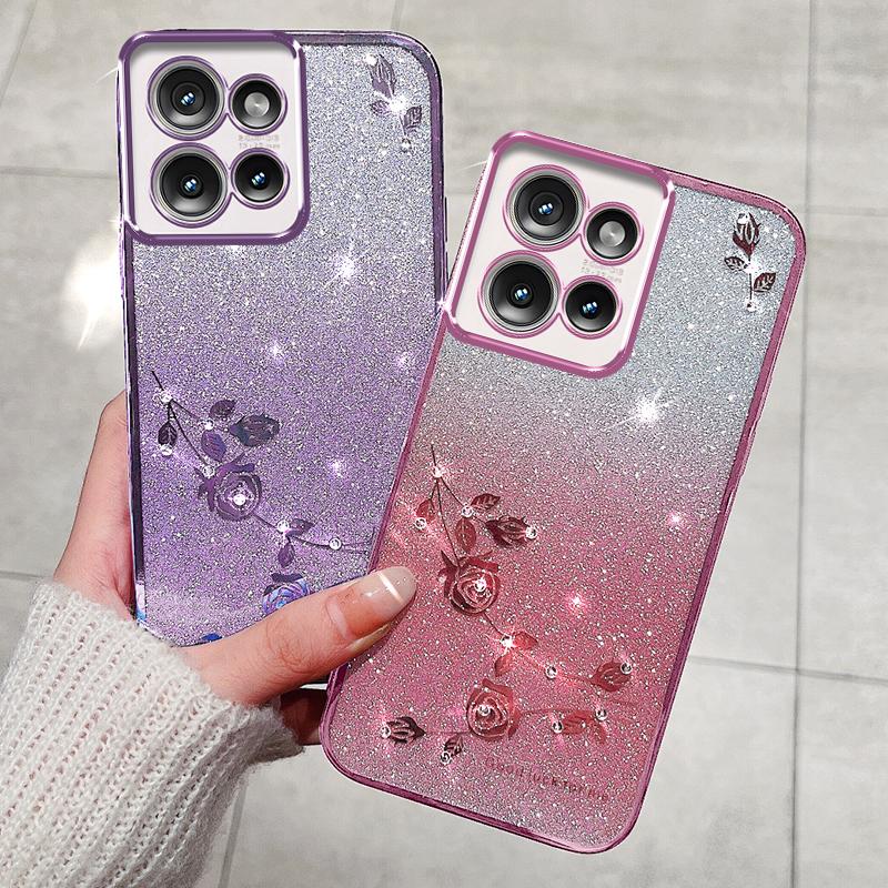 KADEM For Motorola Edge 50 5G Case Flower Pattern TPU Gradient Phone Cover with Lanyards