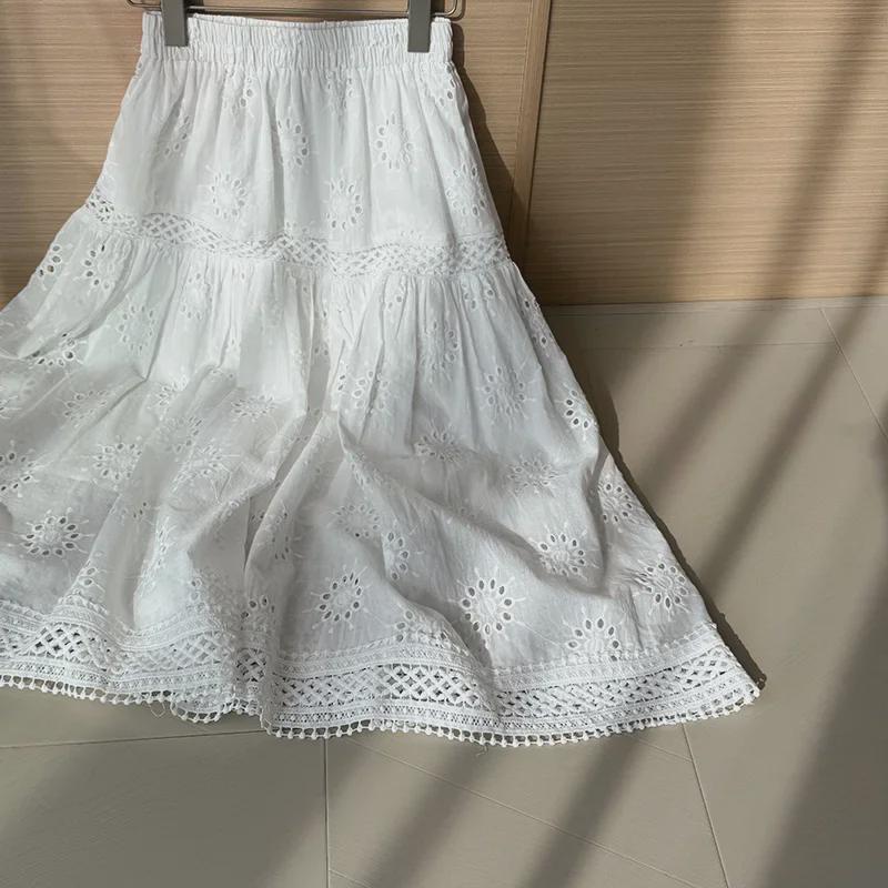 "Little Fresh" Solid Color Lace Hollow Cotton Umbrella Skirt - Women’s White Skirt