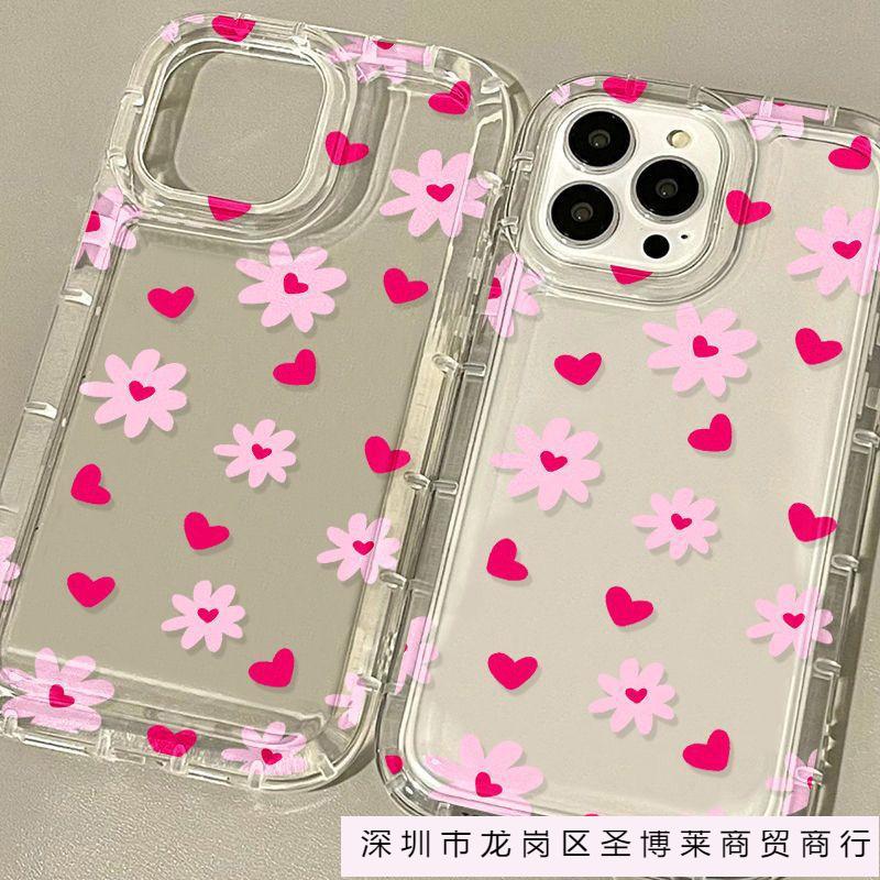 Pink love flower apple 15 mobile phone case iphone14promax transparent soft rubber 13/12/11 anti-drop XR