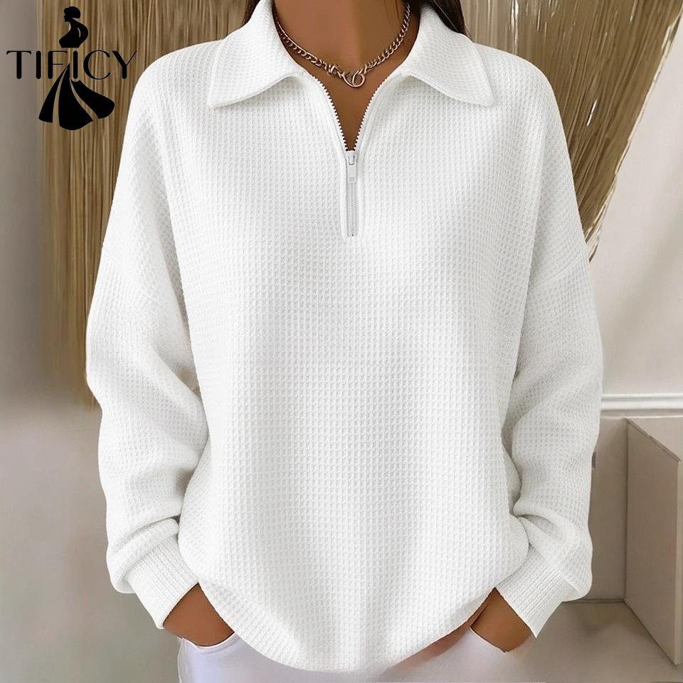 TIFICY Women's Fashion Casual Solid Color Print Spring Fall Long Sleeve POLO Neck Pullovers & Long Sleeves