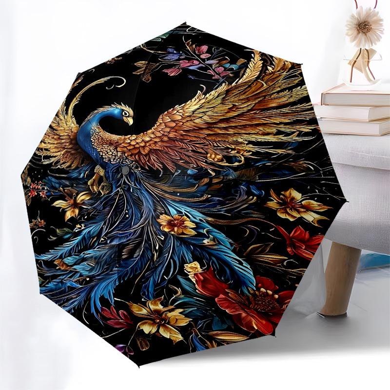 1pc Phoenix FlowersOpen/Close Umbrella-Windproof, Compact Travel Umbrella, Sturdy 8-Rib Shaft, Outdoor Accessory1211