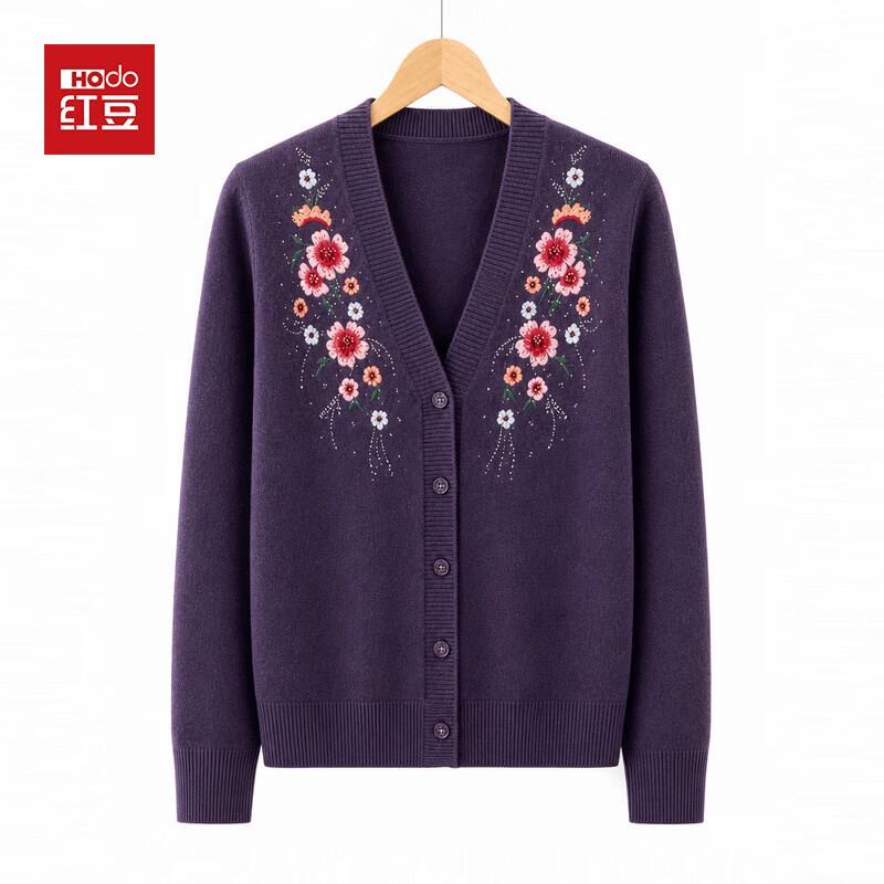 Hodo Women's Elderly Floral Embroidered V-Neck Knit Cardigan