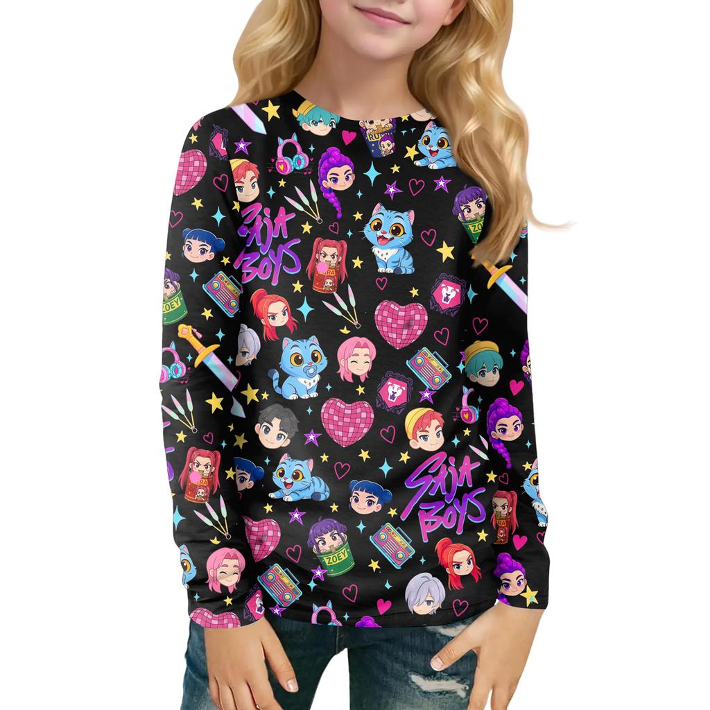 Children's Witch  Printed Long Sleeved Round Neck Top With Floral Print For Daily Casual T-shirt