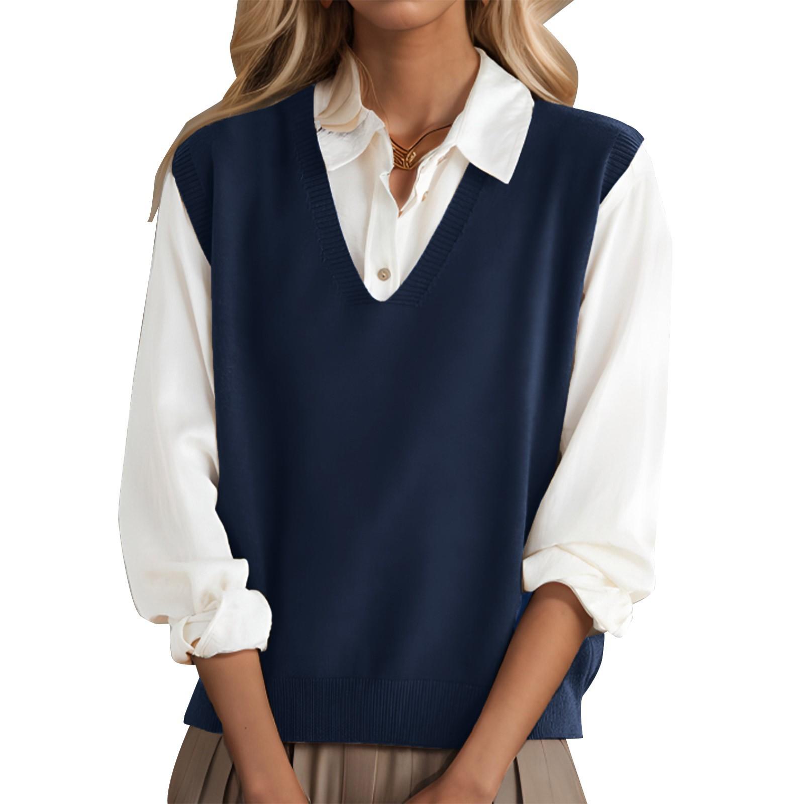 

Модный женский вязаный жилет с V-образным вырезом, жилет на талии, темпераментный повседневный свитер M тёмно-синий