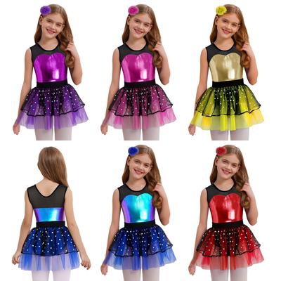 All-in-One Girls Stage Dancewear: Sleeveless Mesh & Metallic Bodice Tutu Dress with Headwear, Ready for Competition & Party