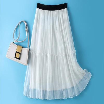 Women's Summer Silk Long Skirt - Solid Color, Slim Fit, Elastic Waist, Elegant Design