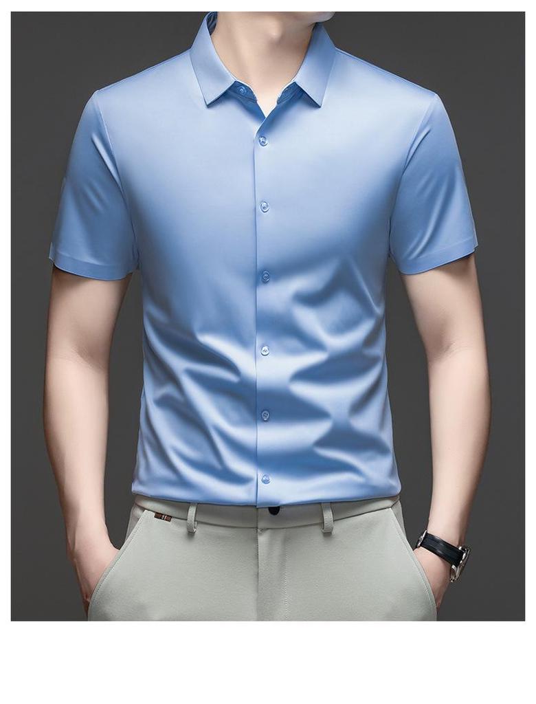 Pánská letní bezešvá košile s krátkým rukávem z ledového hedvábí - Prodyšná, jednobarevná, Business Casual, s krátkým rukávem.