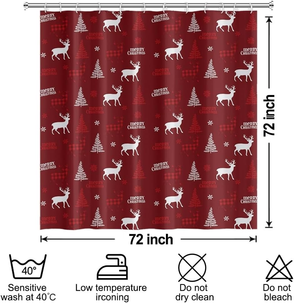 Christmas Shower Curtain For Bathroom Red X-Mas Shower Curtain Set With Hooks Elk Christmas Trees Snowflakes Decor Waterproof
