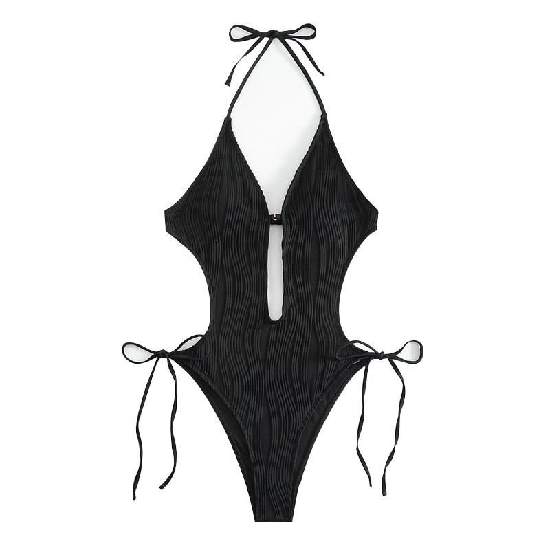 Sexy Halter V Neck Wrinkled Female Swimwear One Piece Swimsuit Women Backless Monokini High Leg Cut Bathing Suit Swim Beach Wear