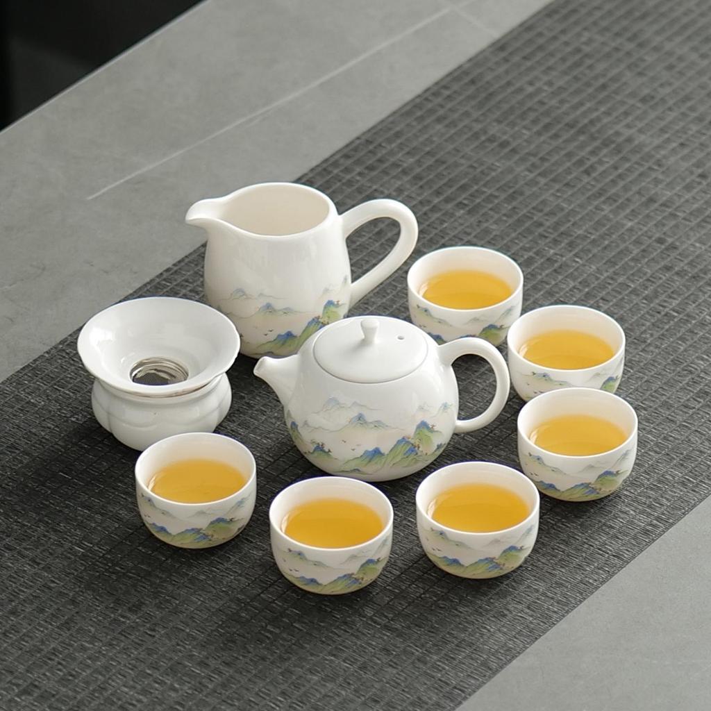 Mutton Fat Jade Kung Fu Tea Set with White Porcelain Teacups - 2025 Gift Box for Elders Souvenir