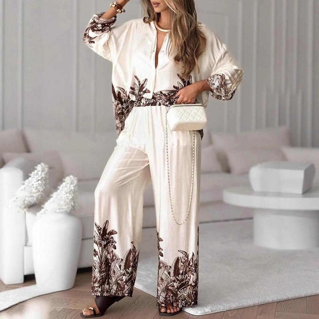 European & American Fashion Printed Cardigan and Wide-Leg Pants Set