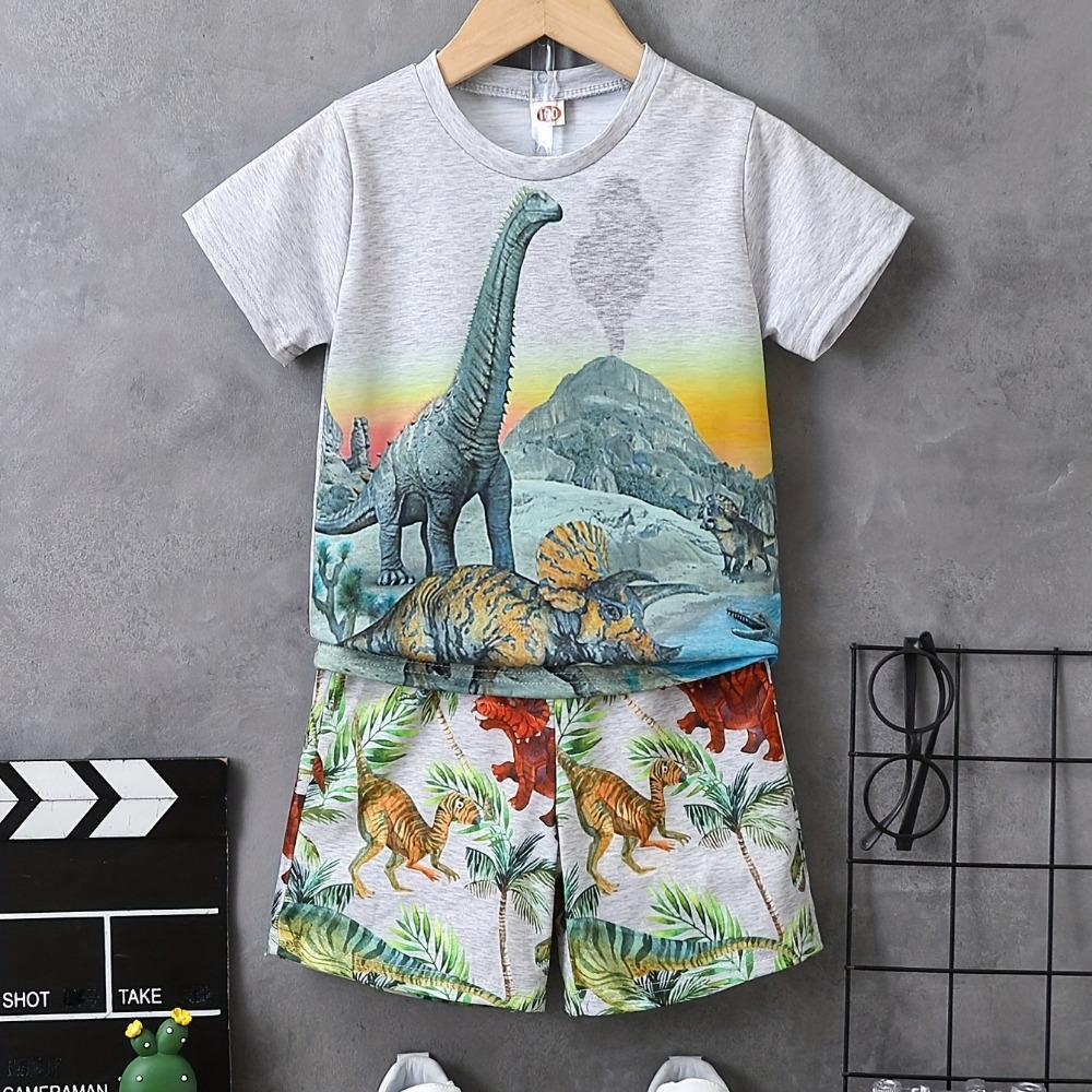 3D Dinosaur T-shirt Set for Boys Summer Round Neck T-shirt Shorts Set for Boys and Girls Casual Printed T-shirt
