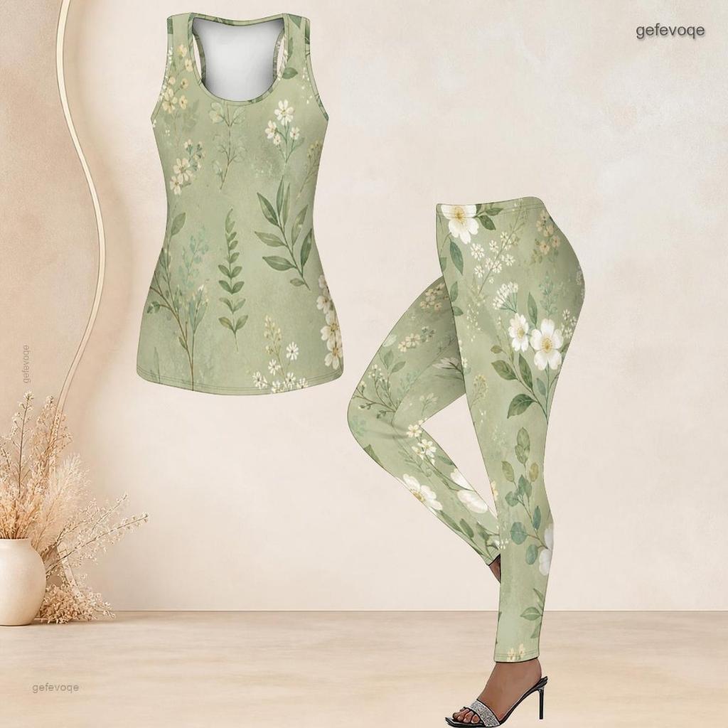 Women Plus Size Two Piece Set Scoop Neck Sleeveless Sage Green Floral Printed Tank Top Fitted Pants