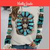 Tshirt Neck O Womens Ethnic Long Sleeve Pullover Top Streetwear Vintage Tshirt For Women Vintage Leisure New Female Clothes