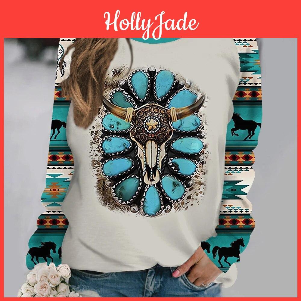 Tshirt Neck O Womens Ethnic Long Sleeve Pullover Top Streetwear Vintage Tshirt For Women Vintage Leisure New Female Clothes