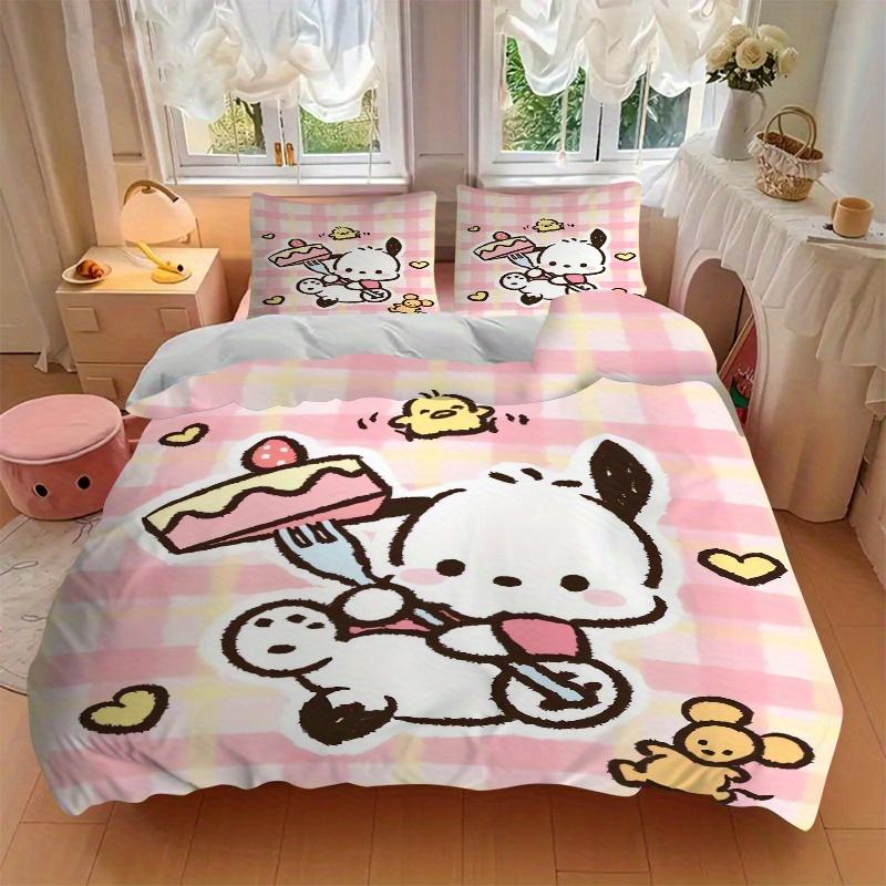3pcs Pink Grid Cake Pochacco Printed Bedding Set, Soft and Comfortable Quilt Cover for Bedroom, Guest Room (1 Duvet Cover + 2 Pillowcases, P