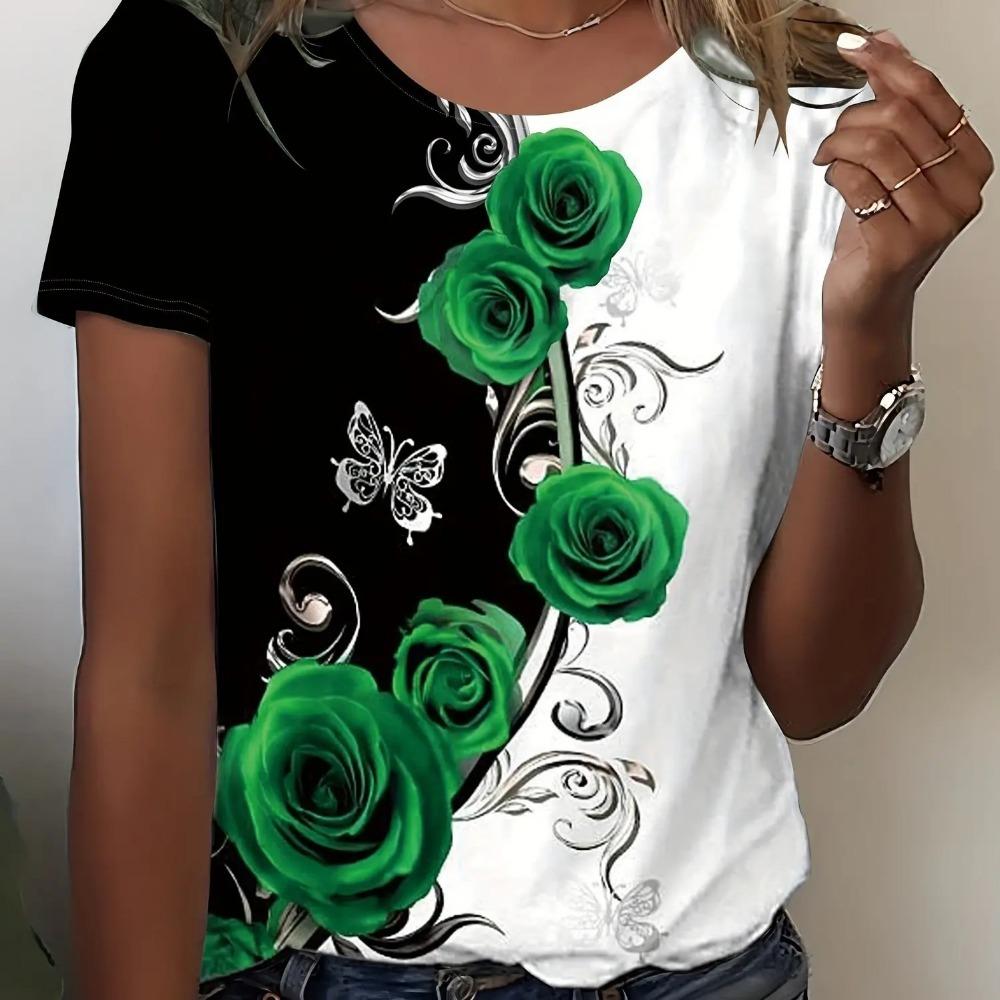 Elegant and Stylish Women's T-shirt with Colorful Roses and a Round Neckline, a Versatile and Refreshing Y2K-style Top for Summer