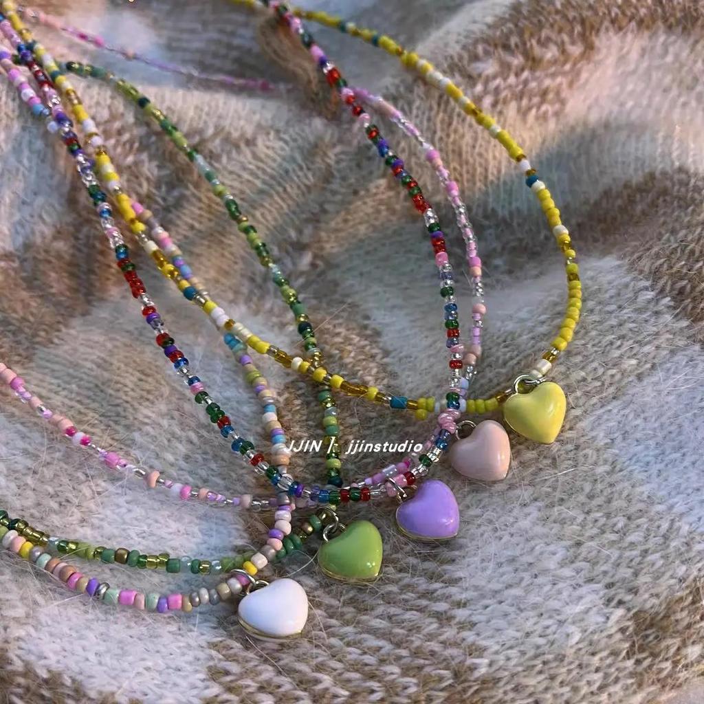 Candy Color Heart Beaded Necklace Sweet Romantic Pink Heart Pendant Earrings Freshwater Pearl Contrast Earring Korean Design