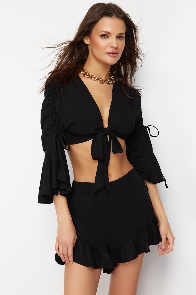 Damenmode Neues Oberteil-Unterteil-Set Schwarz Gewebte Rüschenbluse Shorts Set