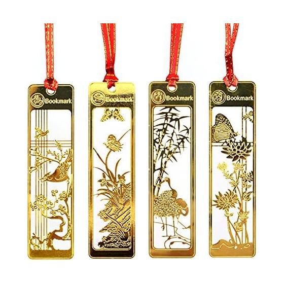 Fantasyon Bookmarks, Four Gentlemen (Plum, Orchid, Bamboo, Chrysanthemum) Hollow Carved Ancient Series, Classical Metal Vintage