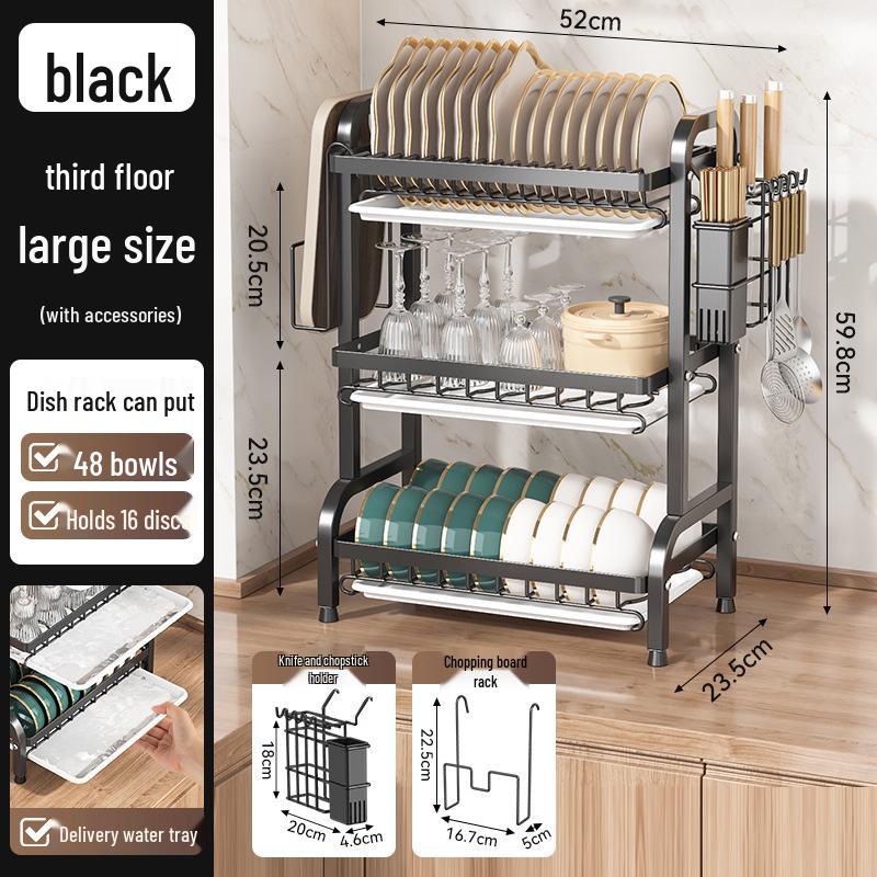 Égouttoir de cuisine multicouche pour bols, assiettes, couteaux et baguettes avec fonctionnalité d'égouttage sur le plan de travail